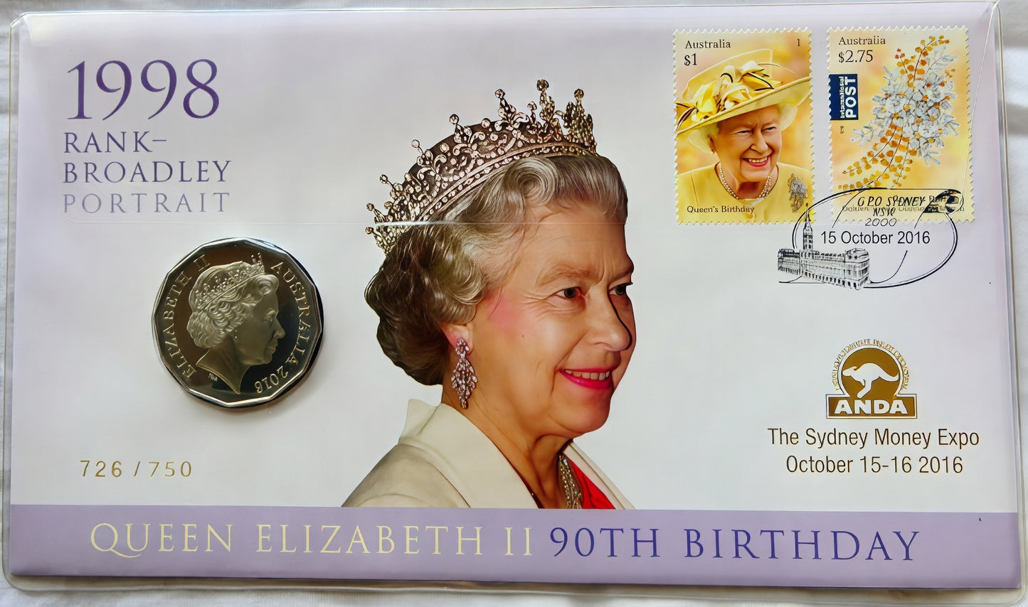 2016 Queen Elizabeth II 90th Birthday PNC — 1998 Rank-Broadley Portrait — ANDA Sydney Money Expo — 726/750 front