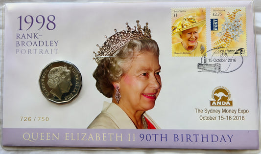 2016 Queen Elizabeth II 90th Birthday PNC — 1998 Rank-Broadley Portrait — ANDA Sydney Money Expo — 726/750 front