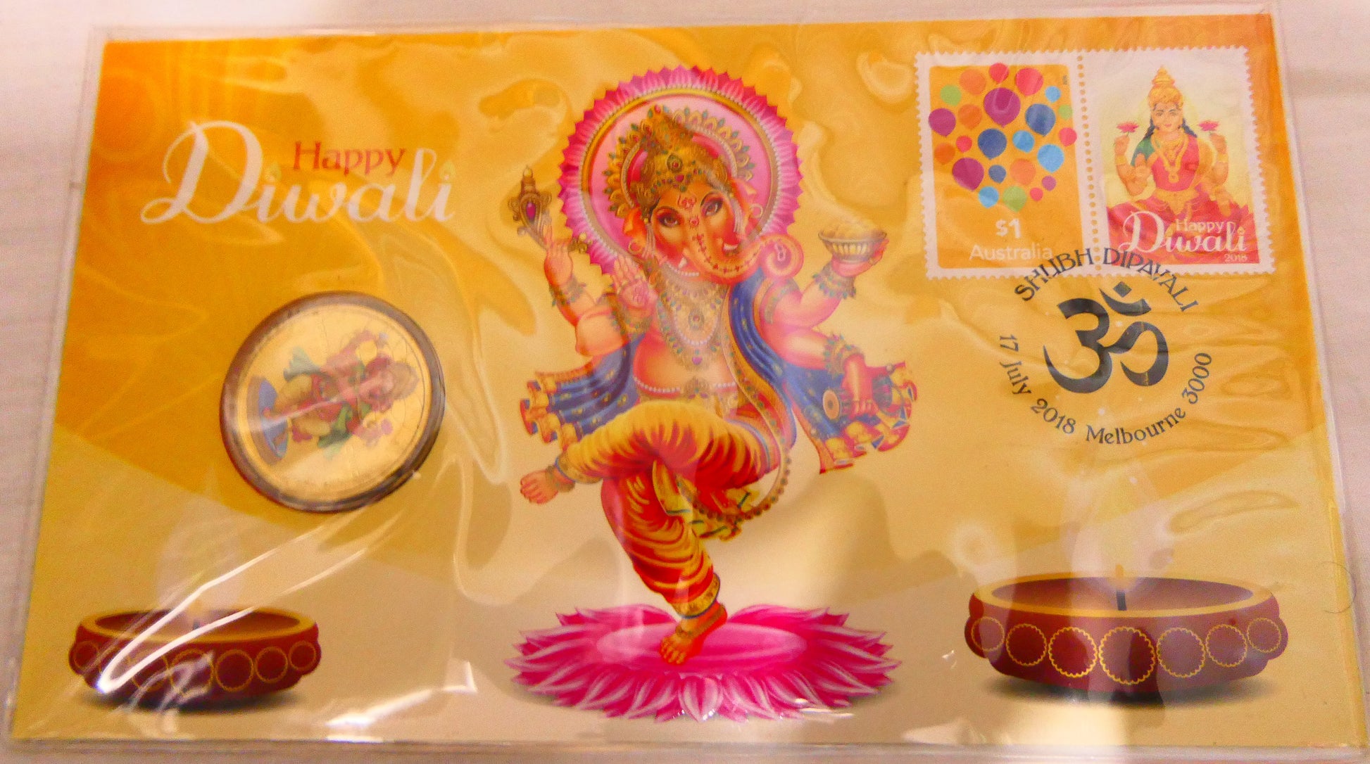 2018 Happy Diwali PNC — Ganesh Coloured Coin — Melbourne front