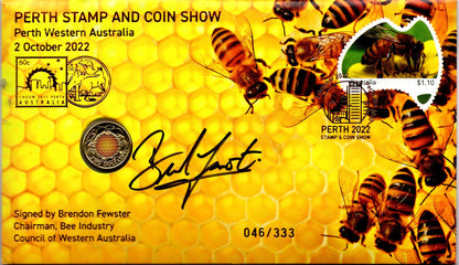 2022 Perth Stamp and Coin Show — Bee Industry PNC — Signed Brendon Fewster — 046/333 front