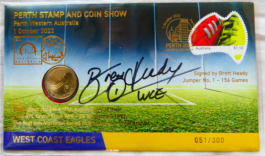 2022 West Coast Eagles PNC — Signed Brett Heady — Perth Stamp and Coin Show — 051/300 front