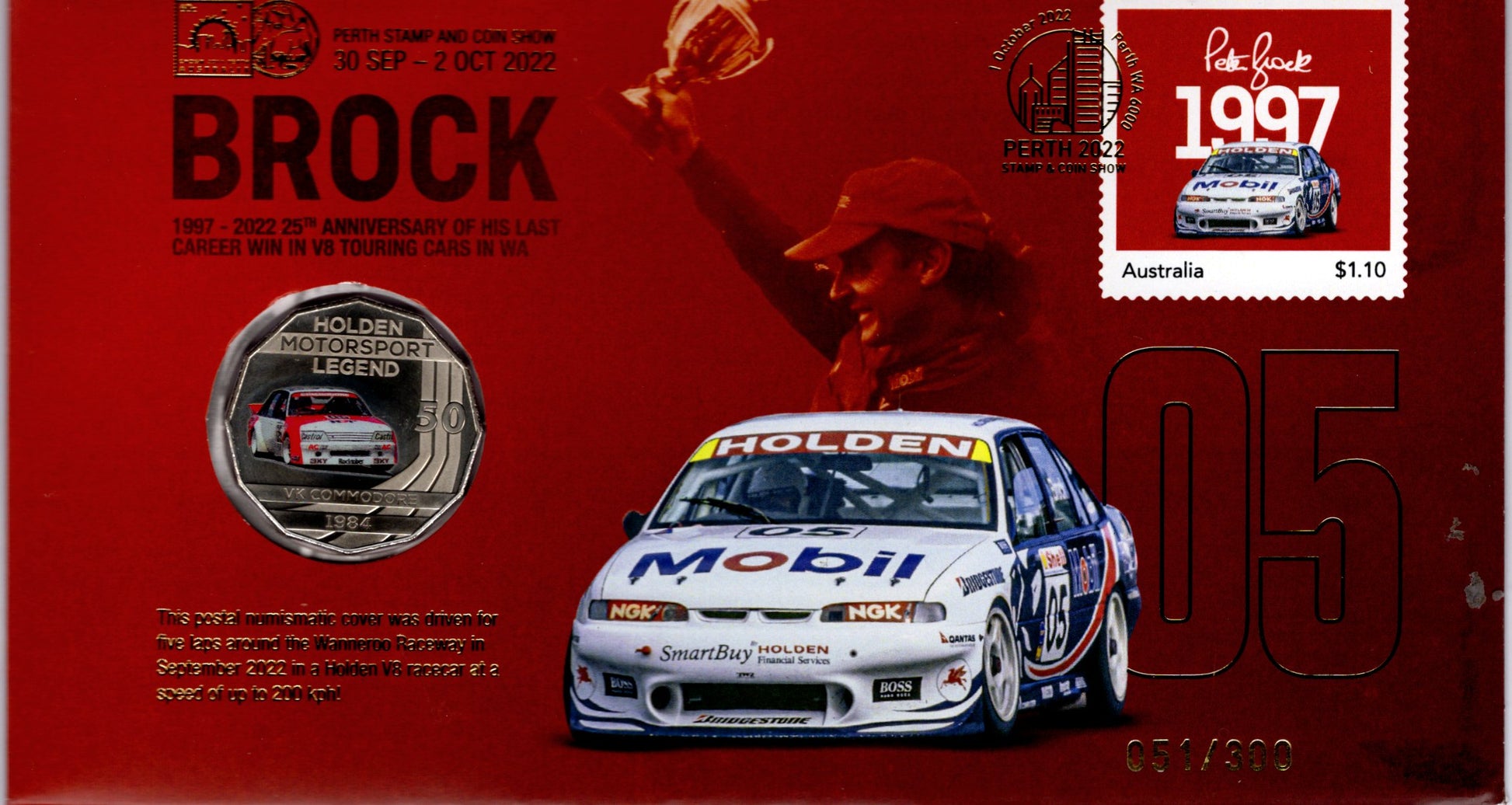 2022 Perth Stamp and Coin Show — Supercars Peter Brock 1997 Holden Commodore #05 PNC — 051/300 front
