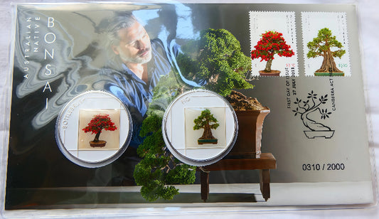 2021 Australian Native Bonsai PNC — Two Coloured Coins — First Day of Issue Canberra — 0310/2000 front