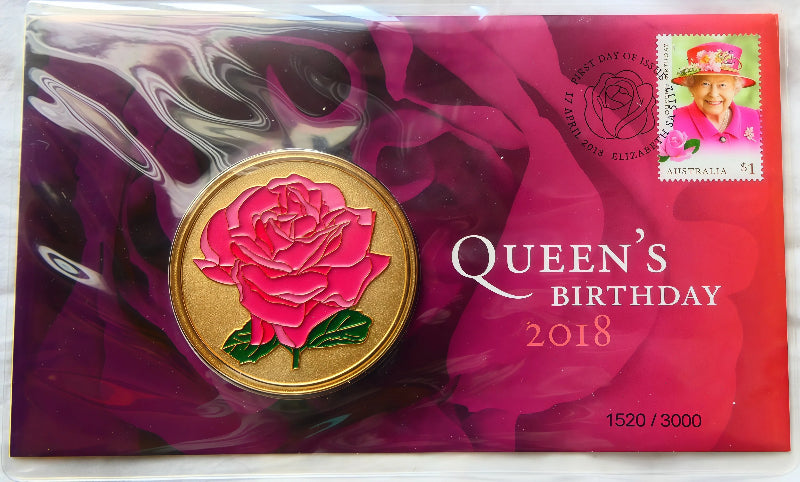 2018 Queen's Birthday PNC — Coloured Rose Coin — 1520/3000 front