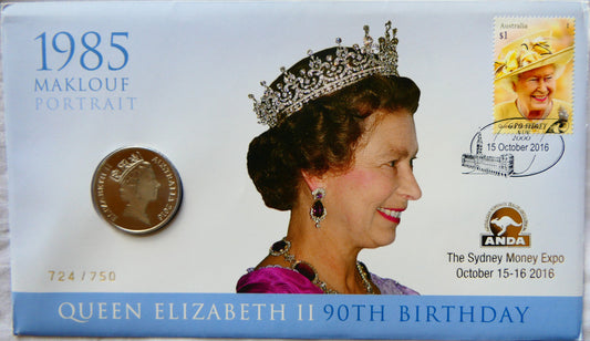 2016 Queen Elizabeth II 90th Birthday PNC — 1985 Maklouf Portrait — ANDA Sydney Money Expo — 724/750 front