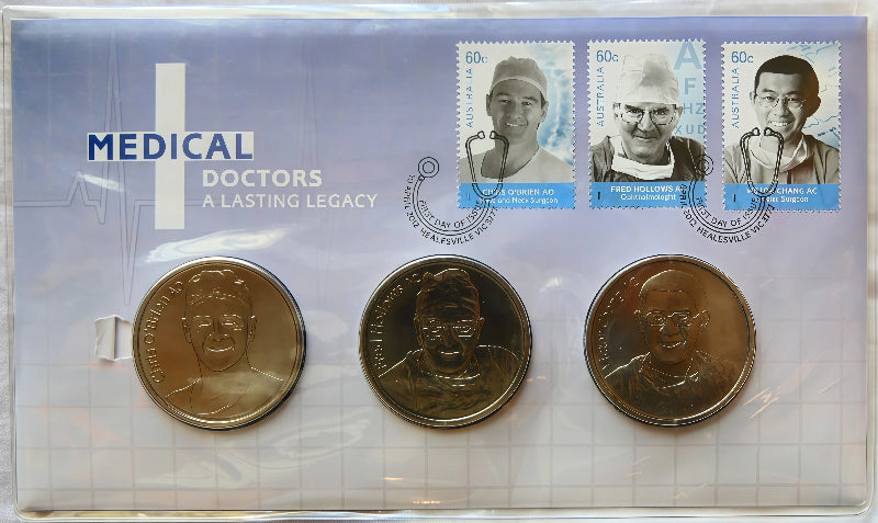 2013 Medical Doctors — a Lasting Legacy PNC — Three Coins — First Day of Issue Healesville Vic front
