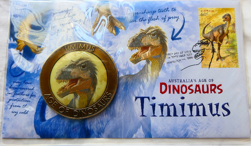 2013 Australia's Age of Dinosaurs — Timimus PNC — First Day of Issue Inverloch Vic front