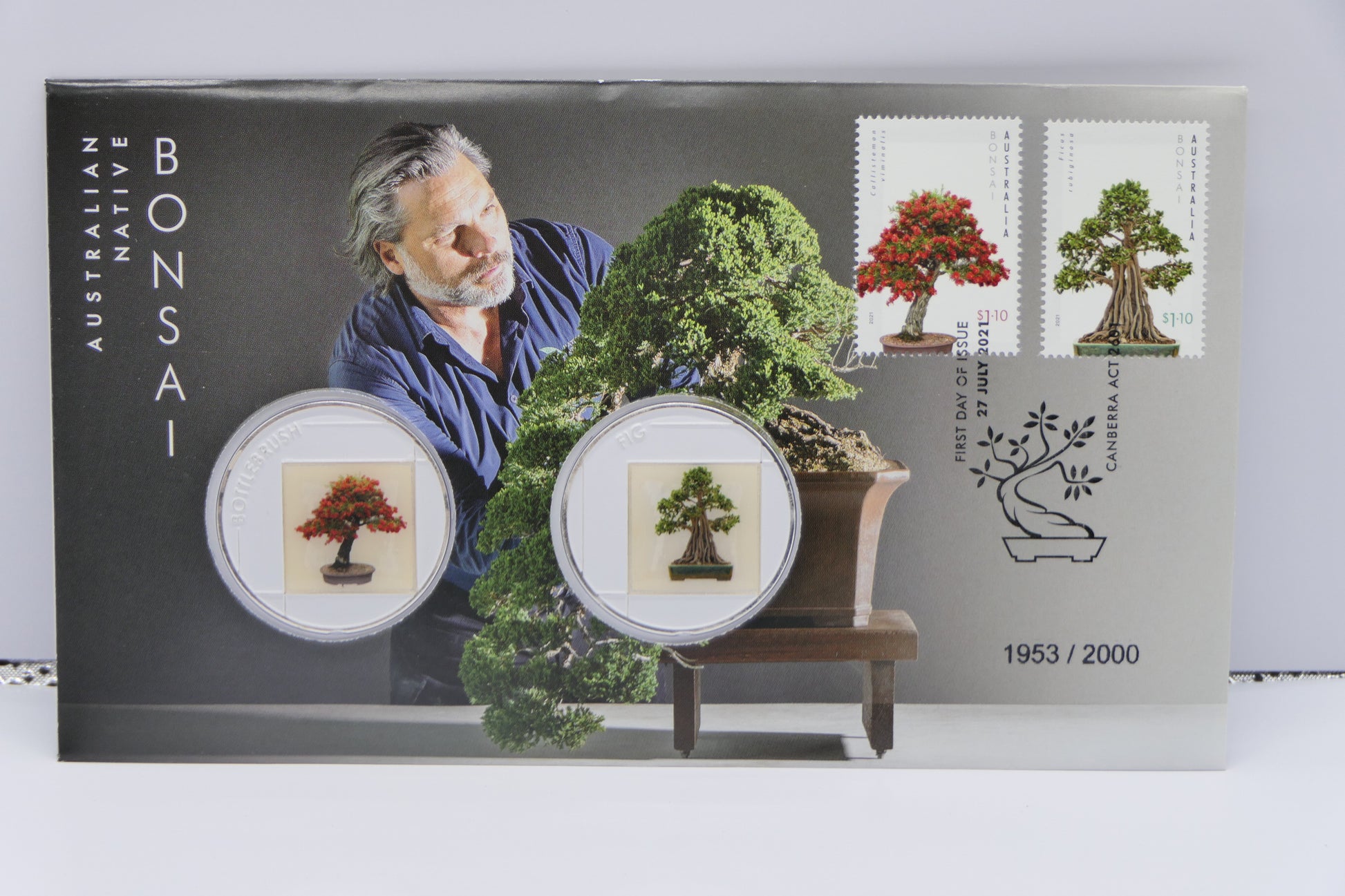 2021 Australian Native Bonsai PNC — Two Coloured Coins — First Day of Issue Canberra Act — 1953/2000 front