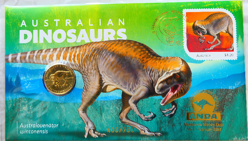 2024 Australian Dinosaurs — Australovenator Wintonensis PNC — ANDA Numismatic Money Expo — 403/750 front
