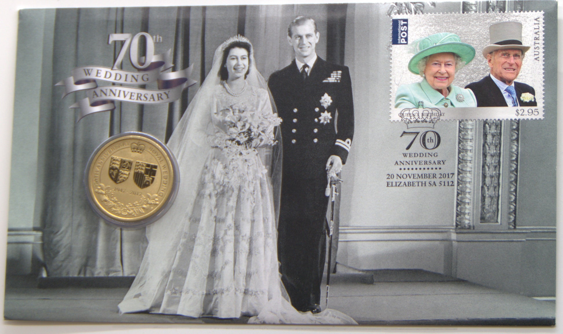 2017 $1 70th Anniversary of the Royal Wedding Coin & Stamp Cover PNC front