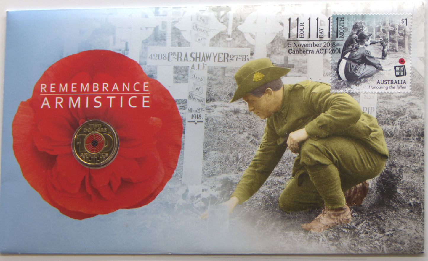 Australia 2018 Remembrance Day Armistice ‘c’ Mintmark Coloured Coin PNC front