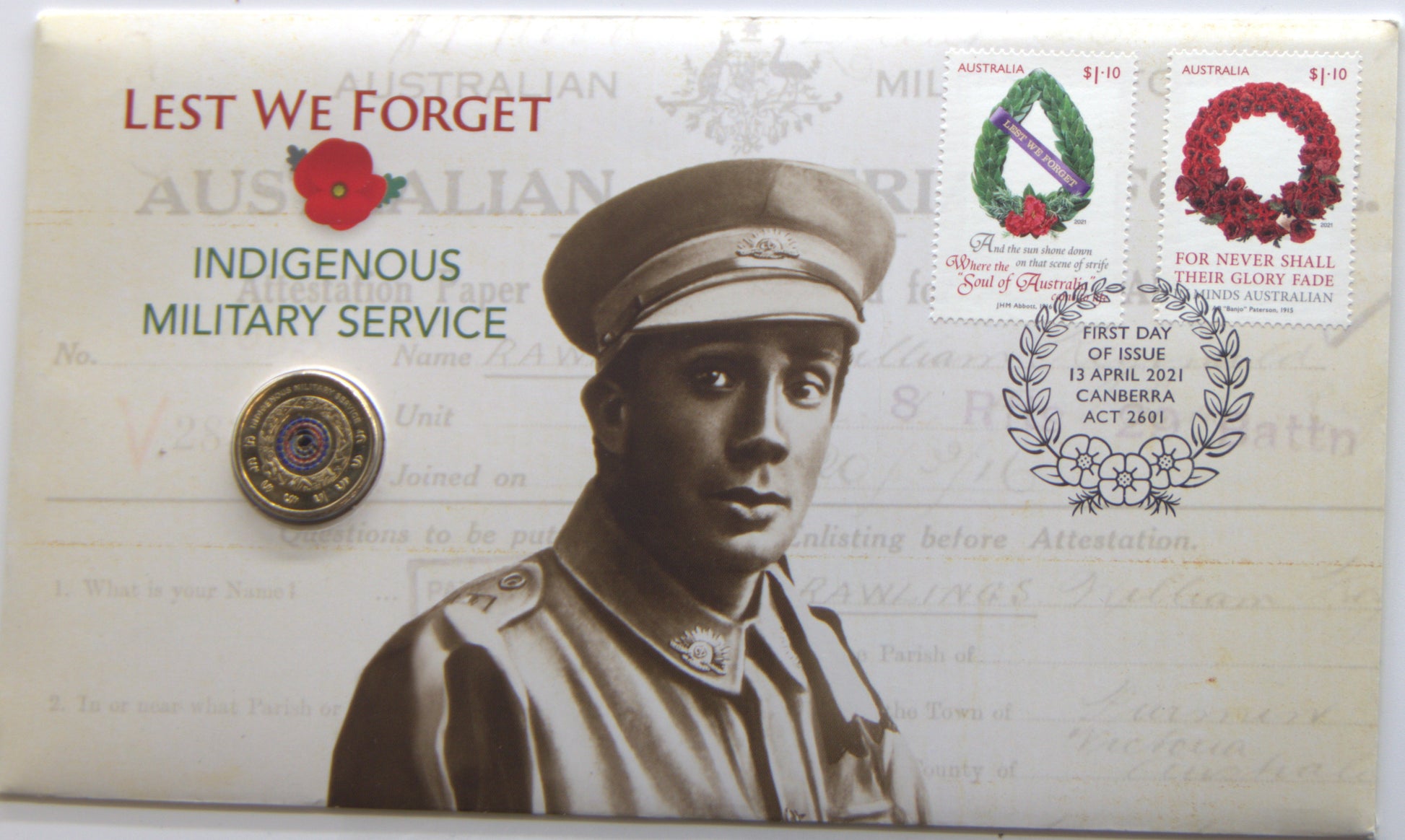 2021 Indigenous Military Service Stamp and Coin Cover PNC front