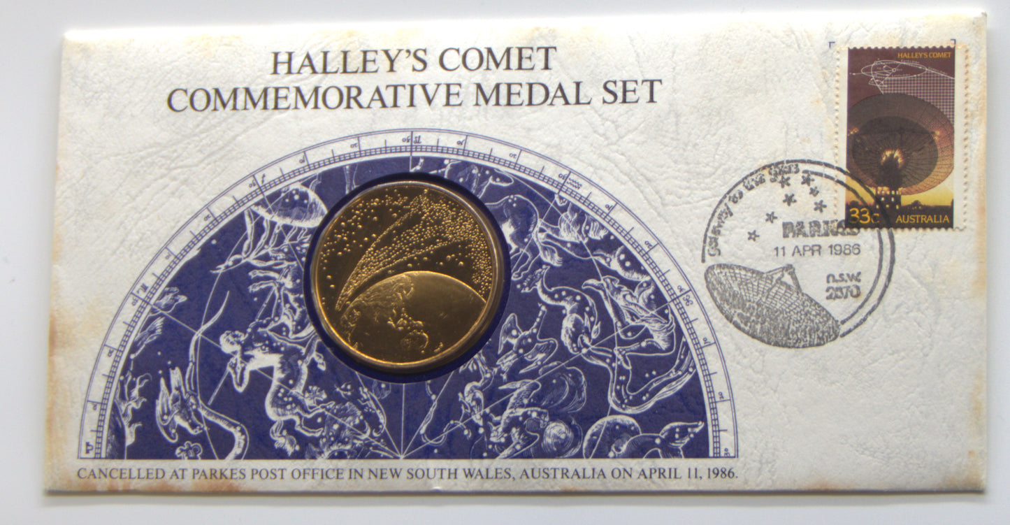 1986 'Haley's Comet' Commemorative Medal & Stamp First Day Cover front