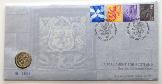 Royal Mail and Royal Mint Commemorative Cover Commemorating: ''a Parliament for Scotland'' — £1 Coin front