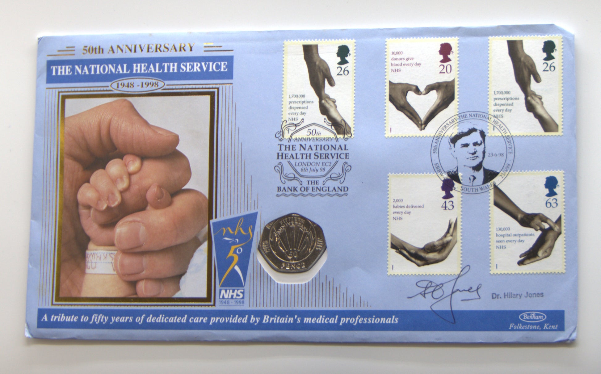 1998 Nhs 50th Anniversary 50p Pence Coin Cover — Benham First Day Cover Signed front