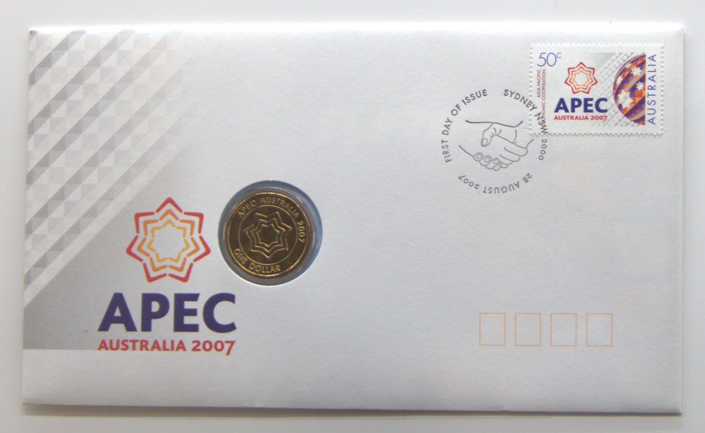 Australia 2007 $1 Apec PNC with Coin and 2 X 50c Stamps front