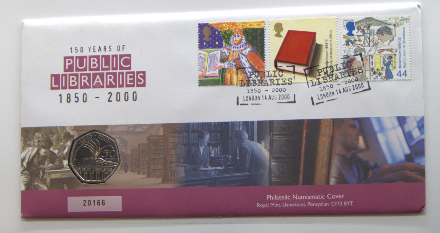 2000 150 Years of Public Libraries. Issued 14/08/2000. Contains Stamps Sg 2116,2121, 2100 and 50p Coin PNC front