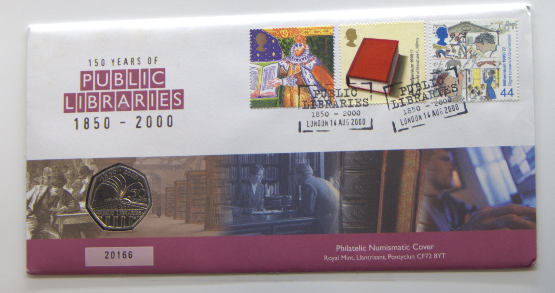 2000 150 Years of Public Libraries. Issued 14/08/2000. Contains Stamps Sg 2116,2121, 2100 and 50p Coin PNC front