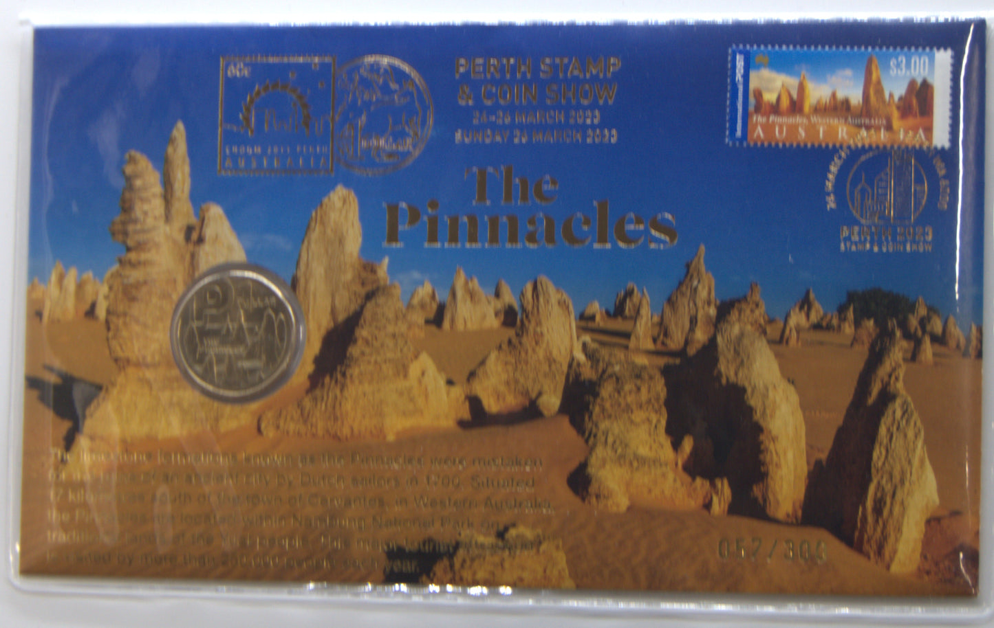2023 $1 Perth Stamp & Coin Show — the Pinnacles ANDA Over Print 057/300 PNC front