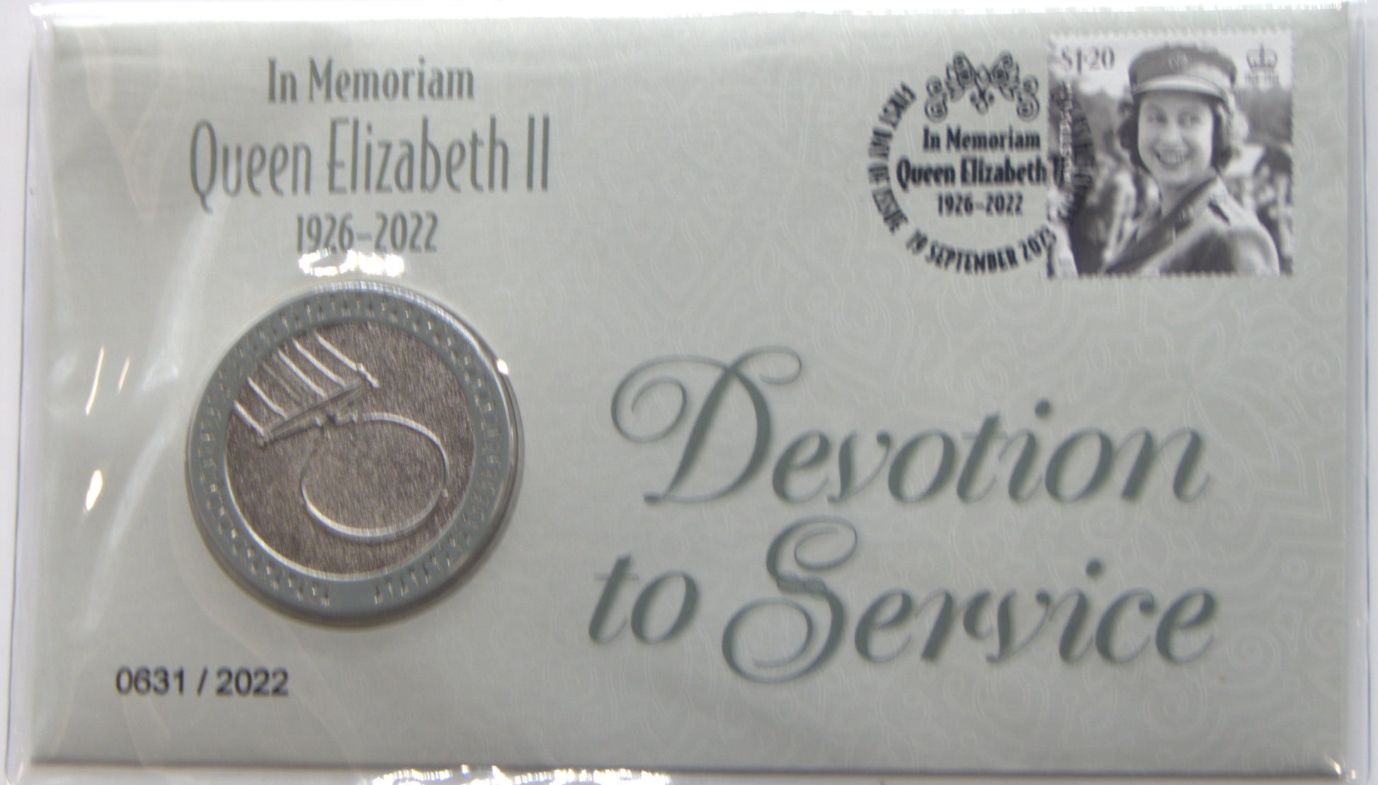 2023 in Memoriam Queen Elizabeth II 1926-2022 Devotion to Service Postal Medallion Cover PNC front