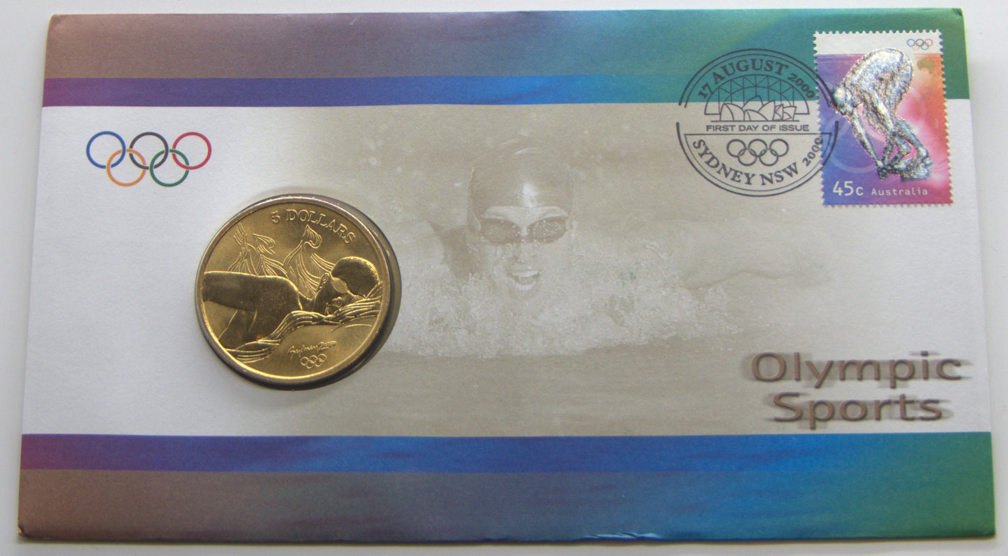 2000 OLYMPIC SPORTS " AQUATICS " PNC First Day of Issue with 5 Dollar Coin front