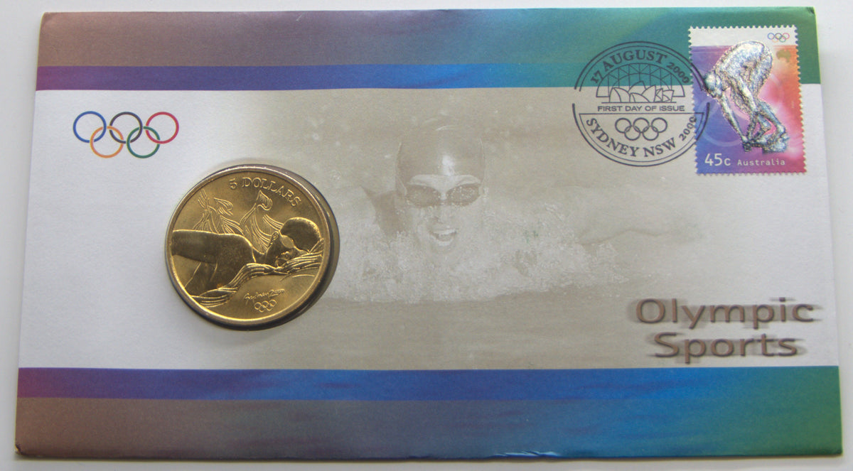 2000 OLYMPIC SPORTS " AQUATICS " PNC First Day of Issue with 5 Dollar Coin front