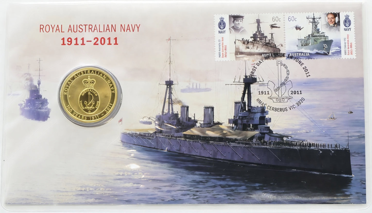 Royal Australian Navy 100 Years Coin Cover — First Day Issue 2011 — Hmas Cerberus PNC front