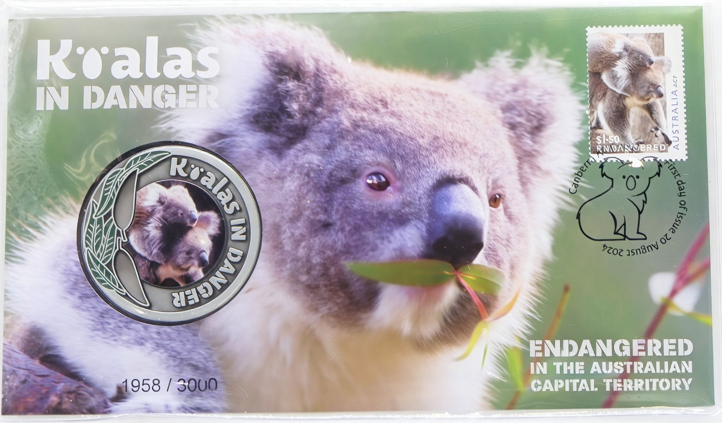 Koalas in Danger 2024 Coin Cover — Endangered Act — Limited 1958/3000 PNC front