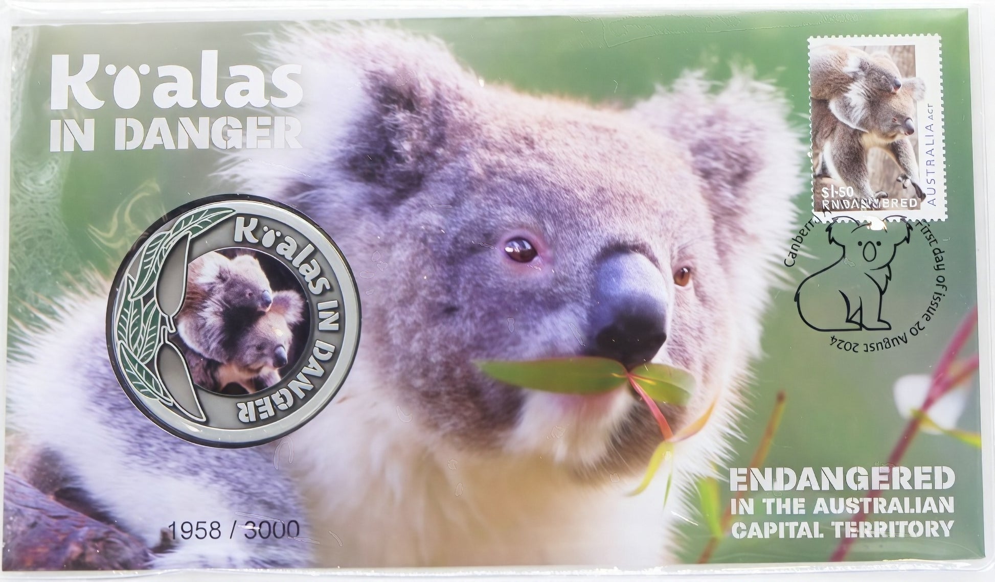 Koalas in Danger 2024 Coin Cover — Endangered Act — Limited 1958/3000 PNC front