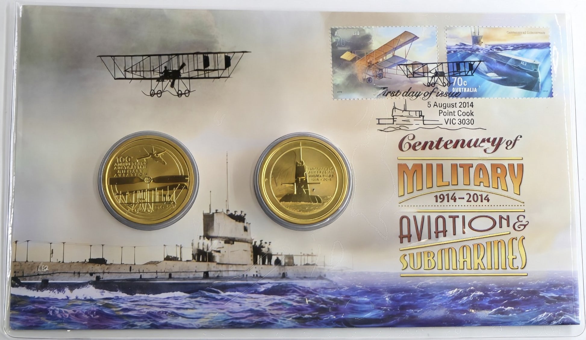 Centenary of Military Aviation & Submarines Coin Cover — First Day Issue 2014 PNC front