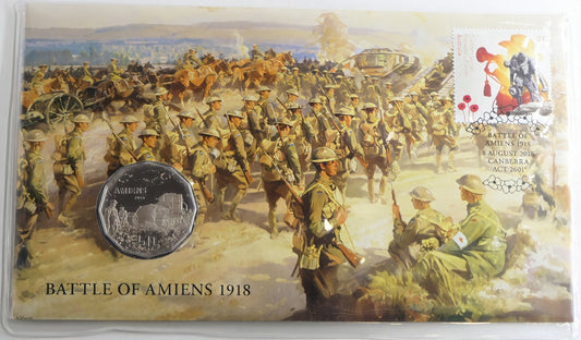 Battle of Amiens 1918 PNC — First Day Issue Canberra Act — Wwi Commemorative Coin Cover front