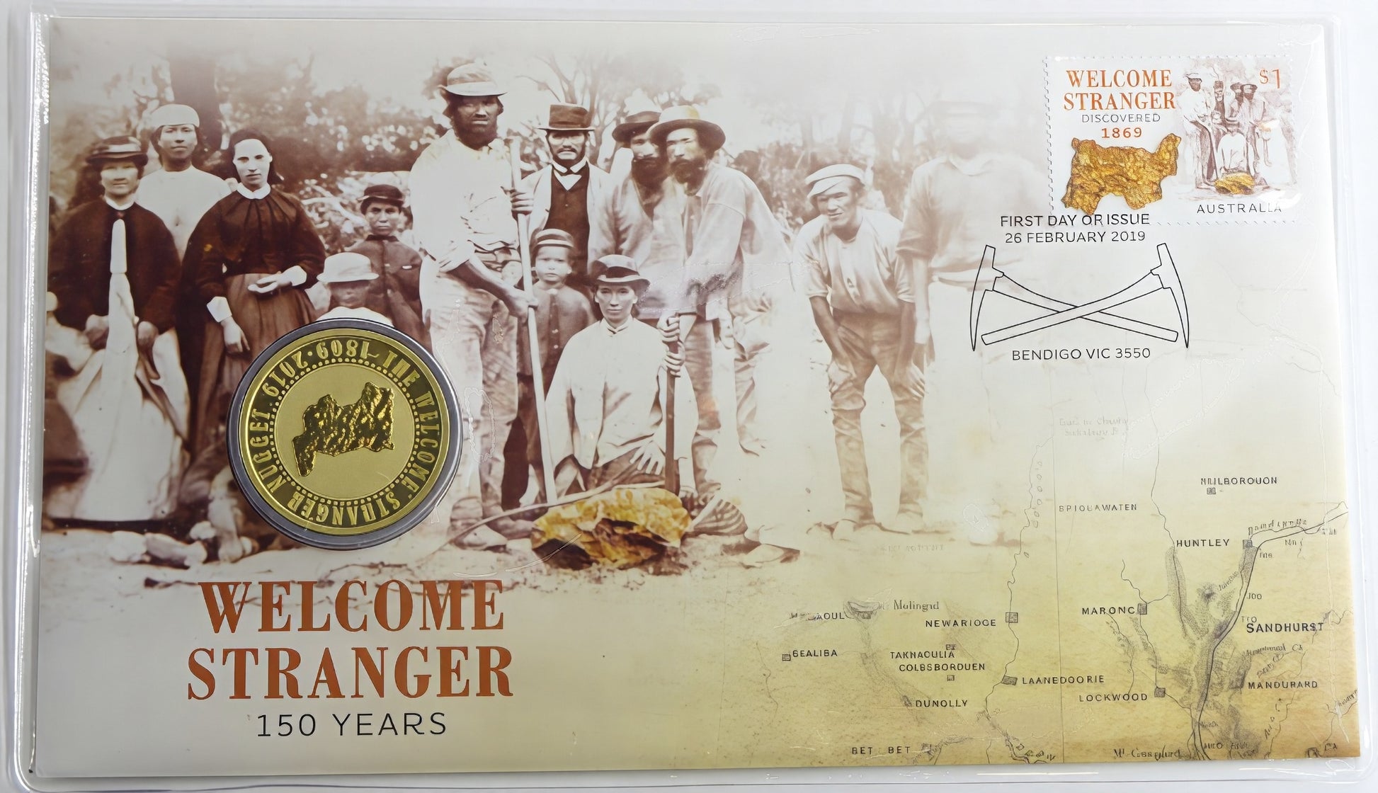 Welcome Stranger 150 Years PNC — Bendigo Vic First Day Issue — Gold Nugget Coin Cover front