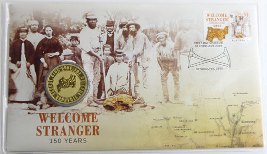 Welcome Stranger 150 Years PNC — Bendigo Vic First Day Issue — Gold Nugget Coin Cover front