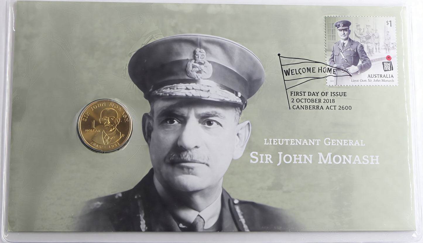 Lieutenant General Sir John Monash PNC — First Day Issue Canberra 2018 — $1 Coin Cover front