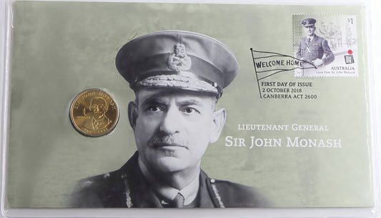 Lieutenant General Sir John Monash PNC — First Day Issue Canberra 2018 — $1 Coin Cover front