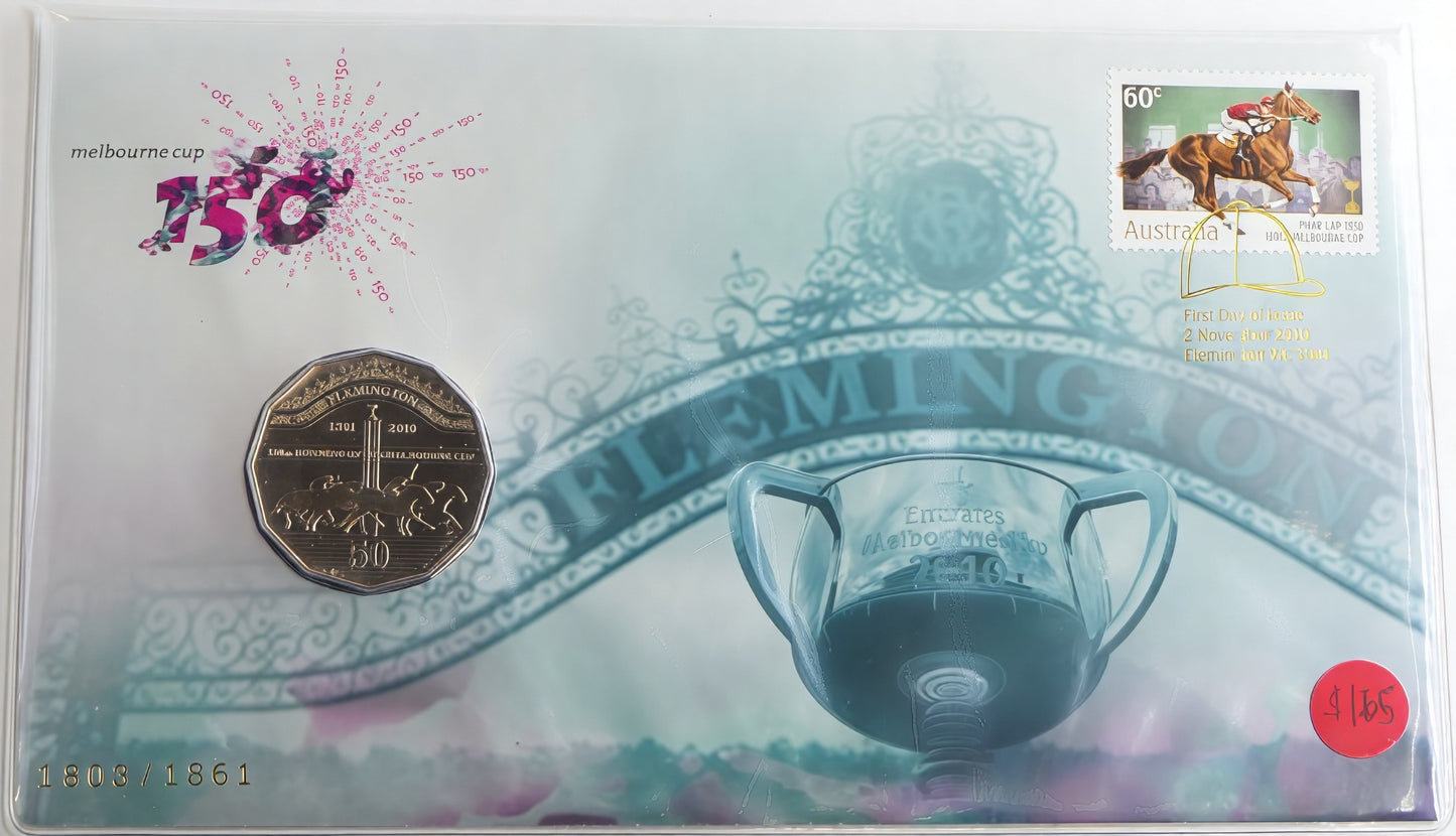 Melbourne Cup 150 Years PNC — 2010 First Day Issue — $1 Commemorative Coin Cover front