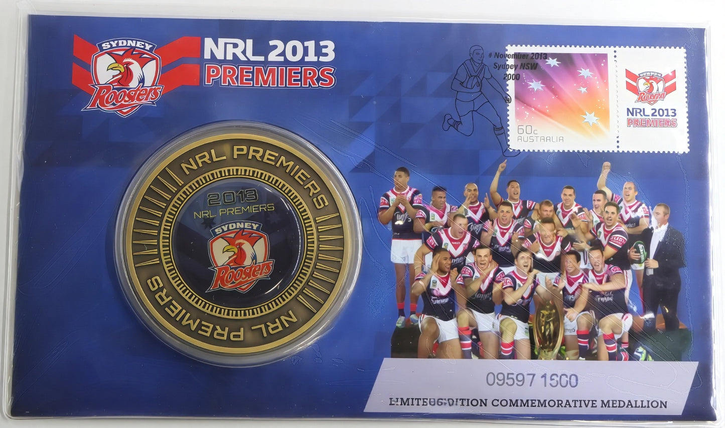 Sydney Roosters 2013 NRL Premiers PNC — Limited Edition Medallion Cover (0959/1500) front