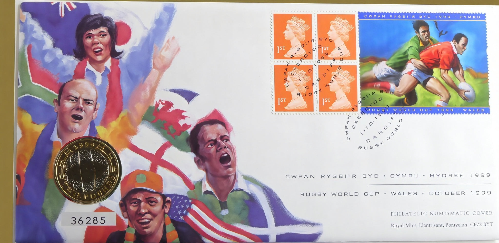 Rugby World Cup 1999 Wales £2 Coin Cover — Royal Mint PNC — Cardiff Cancellation front