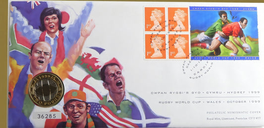 Rugby World Cup 1999 Wales £2 Coin Cover — Royal Mint PNC — Cardiff Cancellation front
