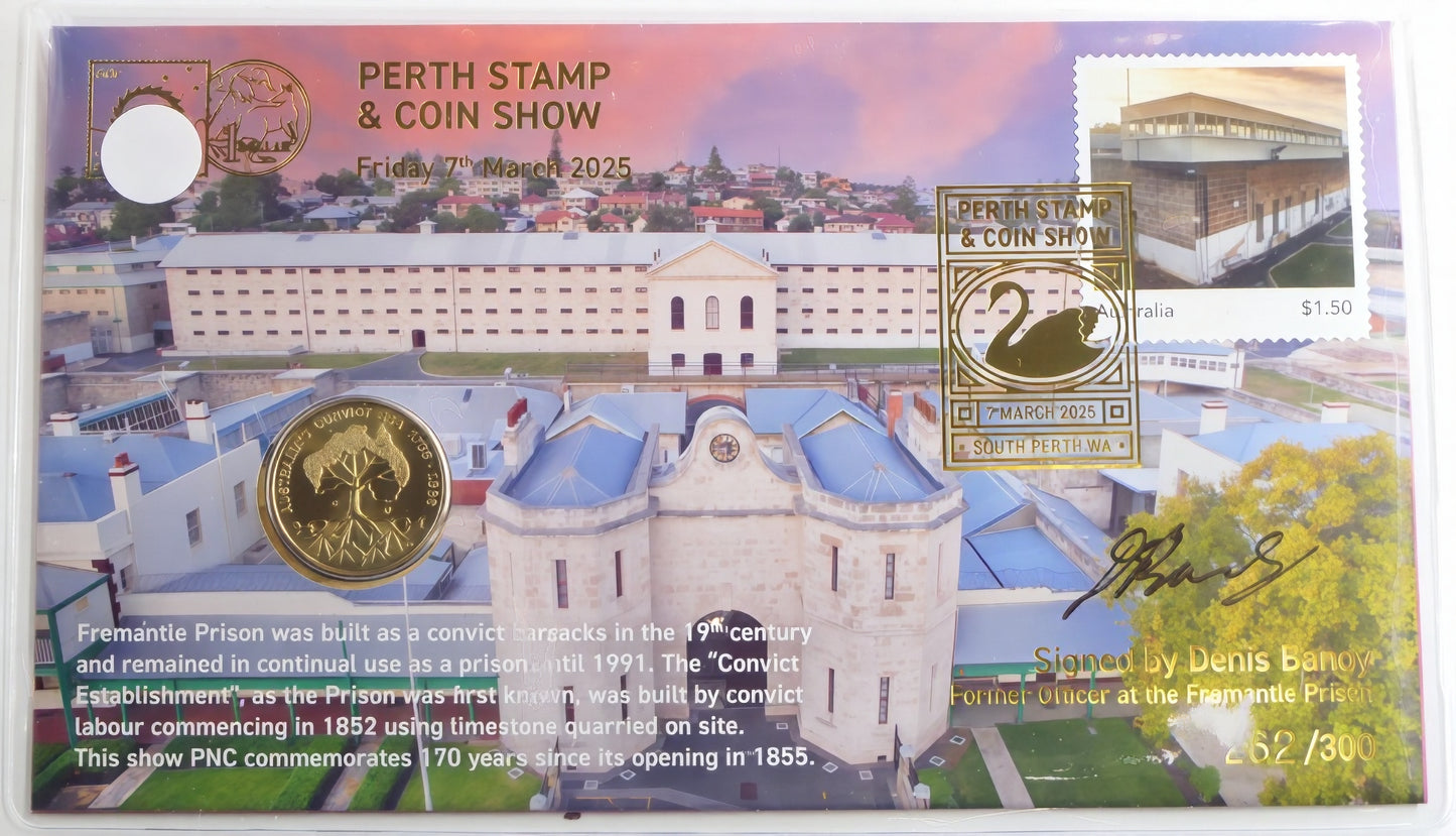 Perth Stamp & Coin Show 2025 — Fremantle Prison Signed Coin Cover — Limited 300 PNC front