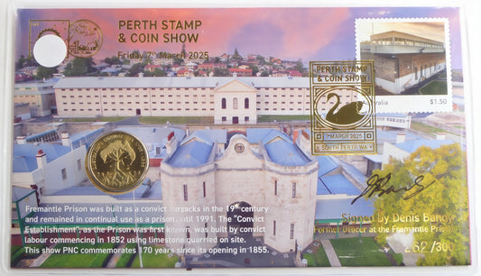 Perth Stamp & Coin Show 2025 — Fremantle Prison Signed Coin Cover — Limited 300 PNC front