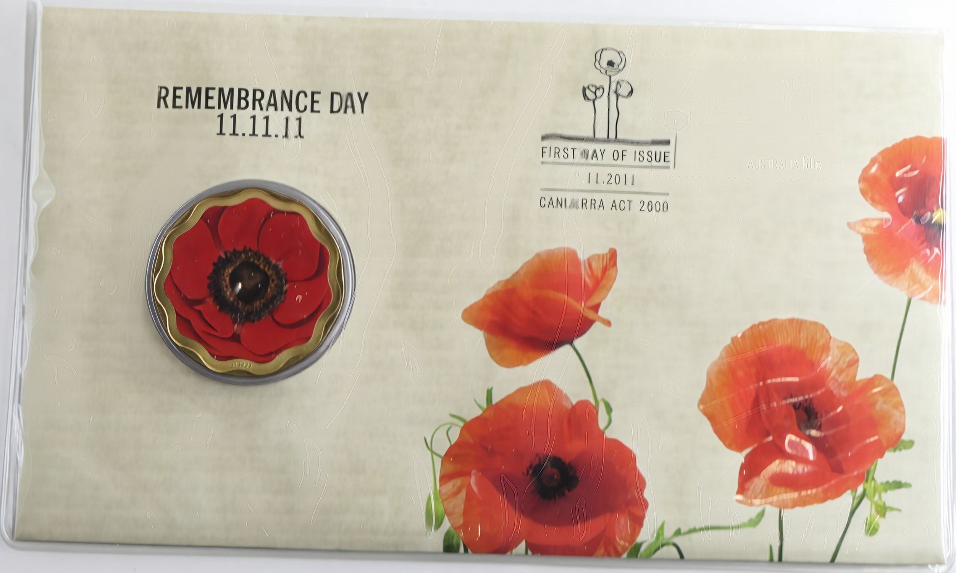 Remembrance Day 11.11.11 Coin Cover — First Day of Issue Canberra 2011 Poppy PNC front