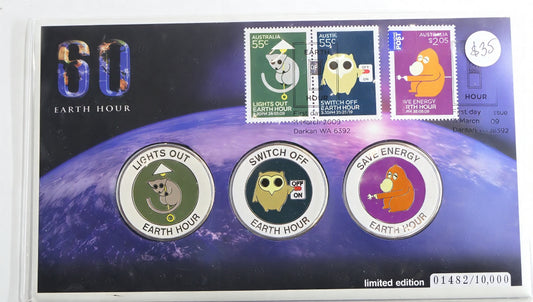 60 Earth Hour 2009 Triple Coin Cover — Lights Out Switch Off Save Energy — Limited 01482/10,000 PNC front