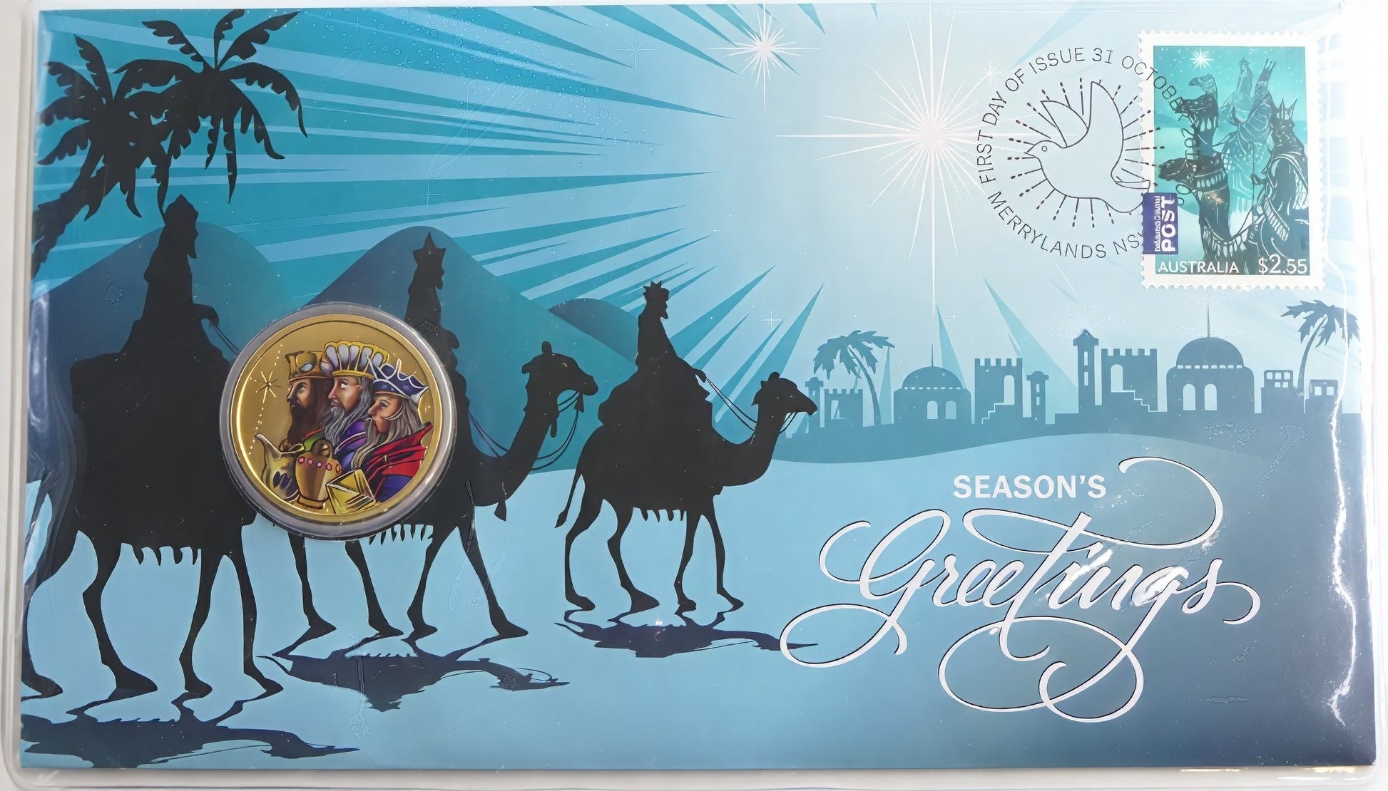Season’s Greetings PNC — Three Wise Men First Day Issue — Christmas Coin Cover front
