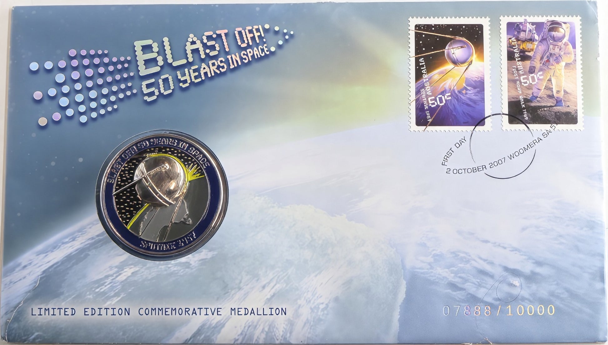 2007 Blast Off! 50 Years in Space PNC — Sputnik & Moon Landing — Limited Edition Medallion Cover front