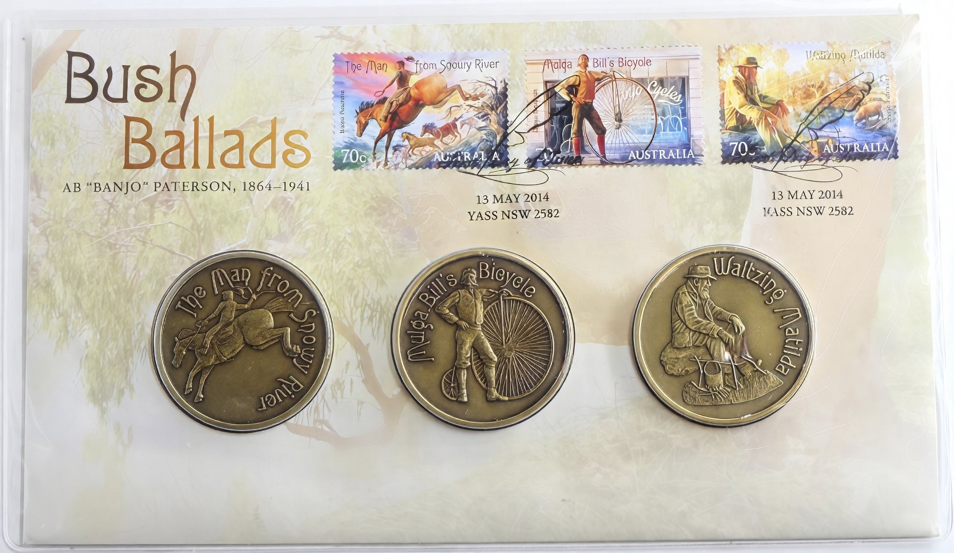 2014 Bush Ballads Banjo Paterson PNC — Triple Coin Cover — Signed — Yass Nsw First Day Issue front