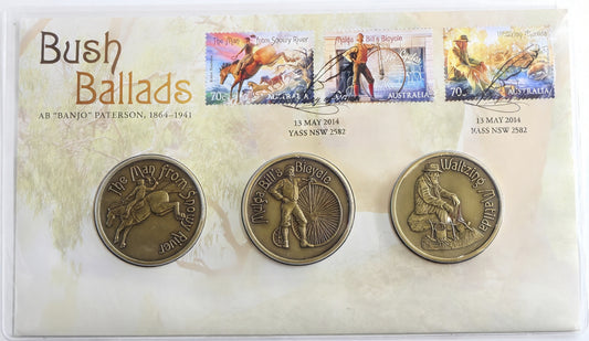 2014 Bush Ballads Banjo Paterson PNC — Triple Coin Cover — Signed — Yass Nsw First Day Issue front