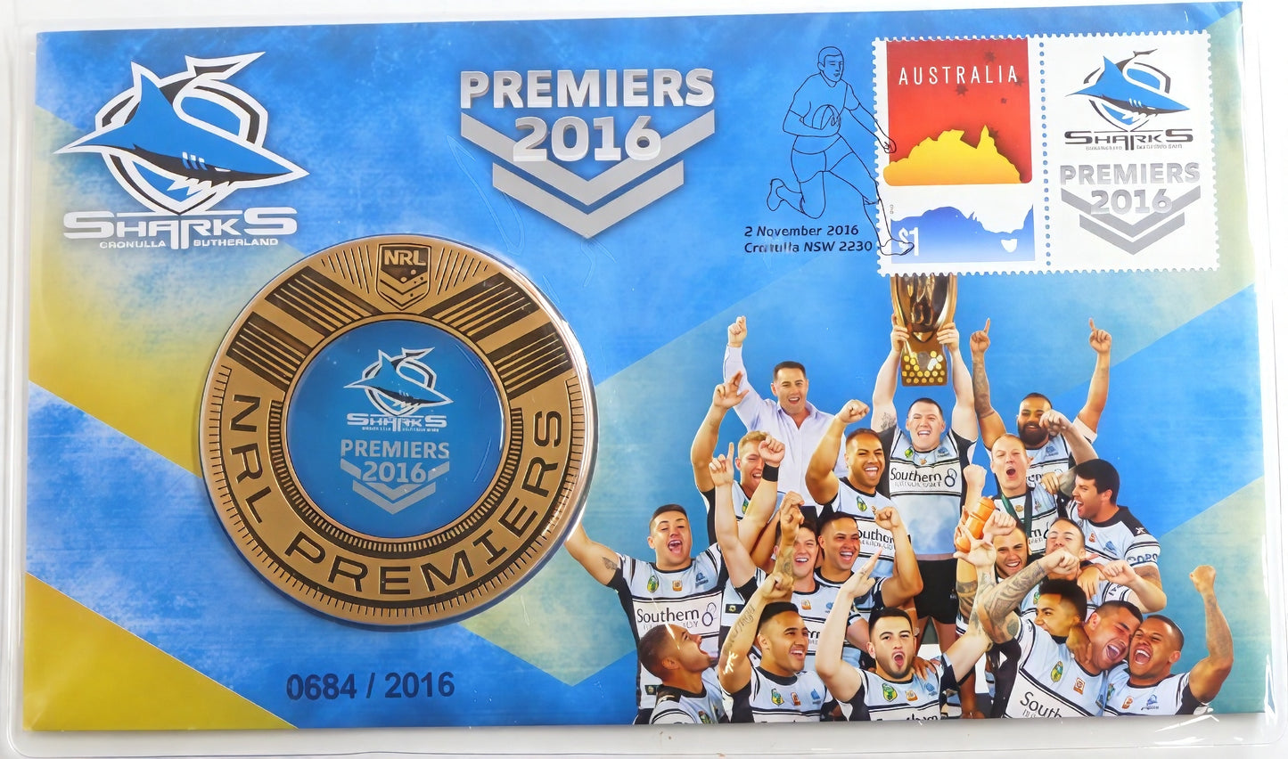 Cronulla Sharks 2016 NRL Premiers PNC #0684/2016 — Limited Edition Coin Cover front