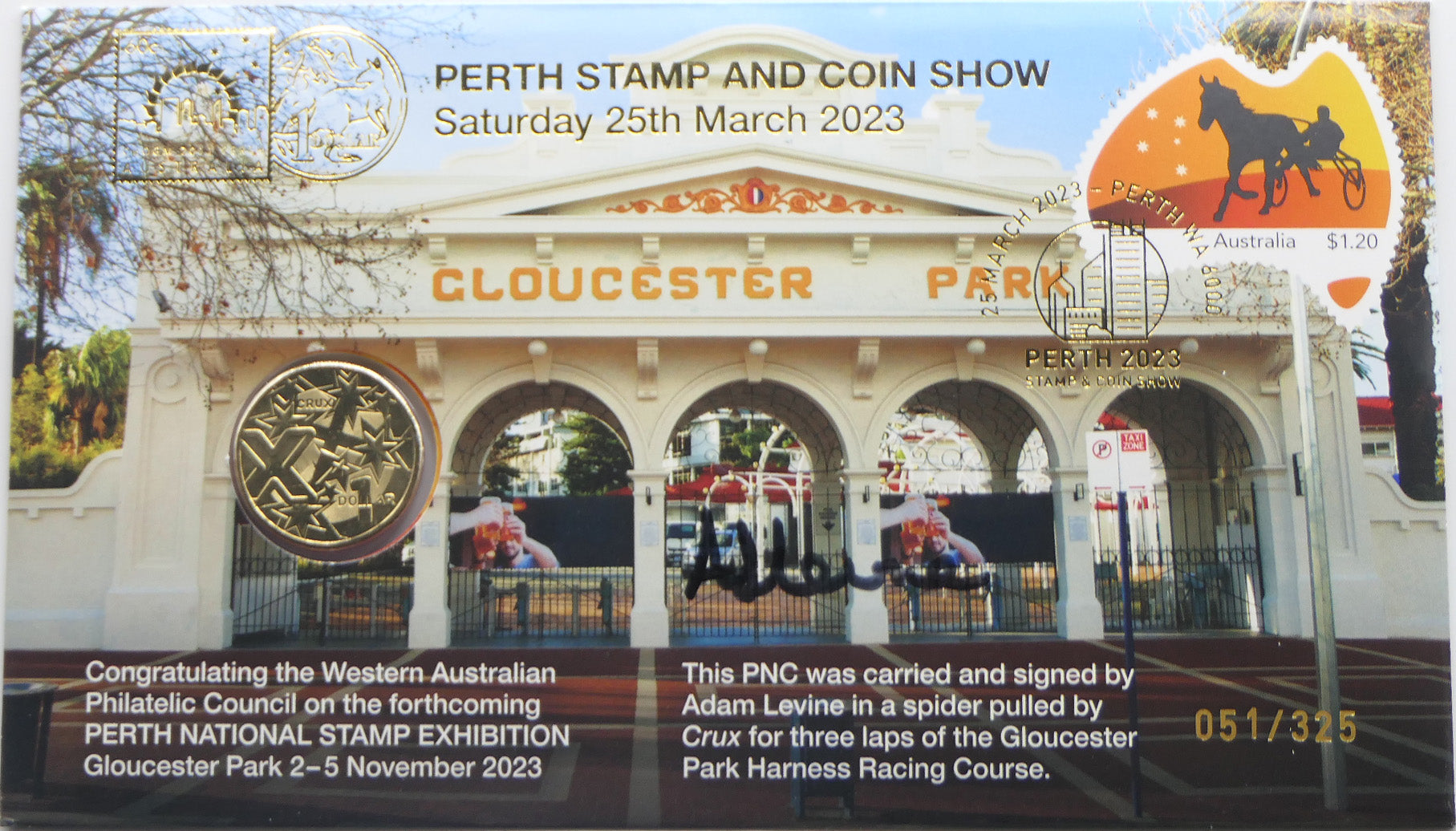 2023 Perth Stamp & Coin Show PNC #051/325 — Gloucester Park — Signed & Carried Cover front