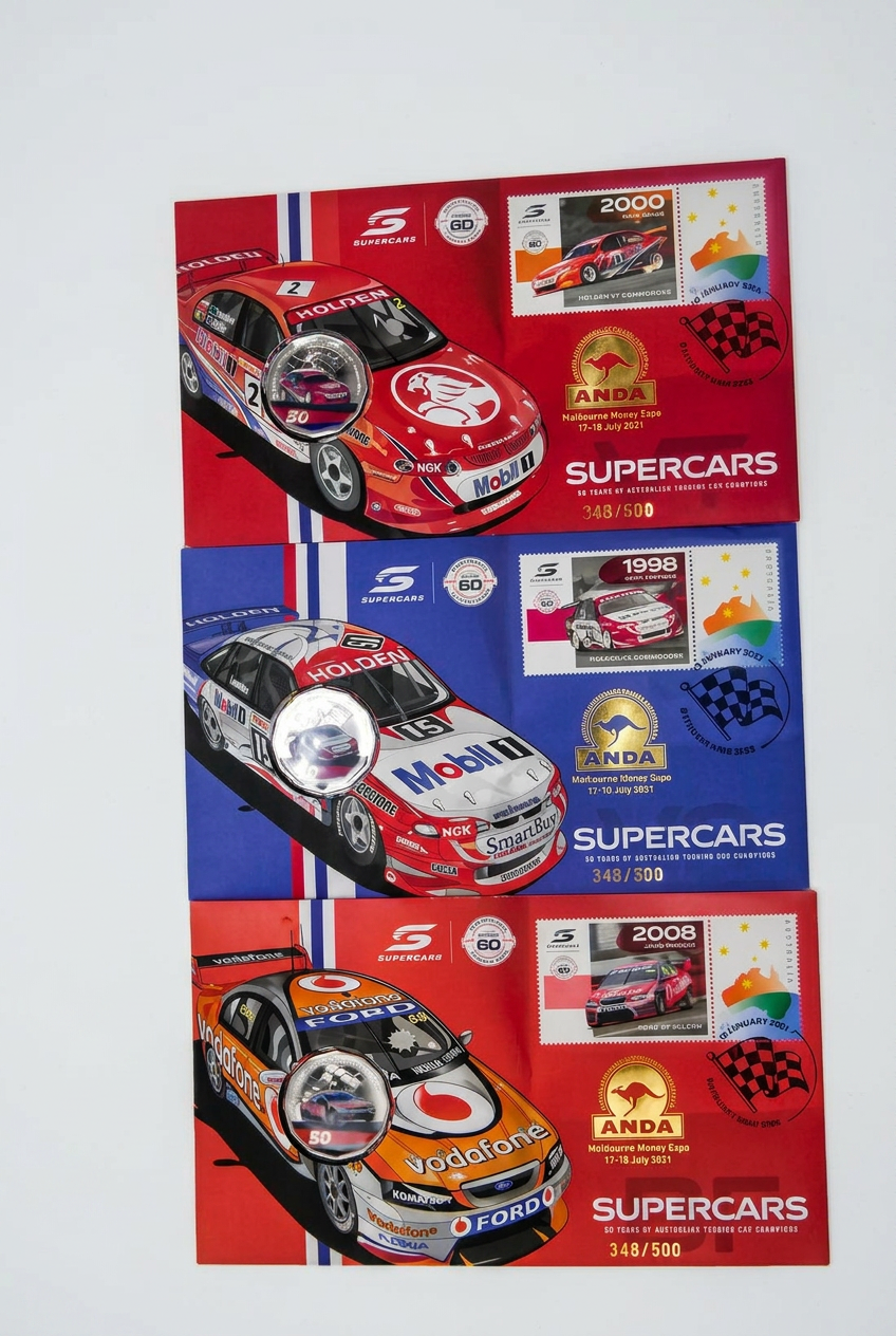 Supercars 60 Years — Three PNC Set 2008, 1998 & 2000, ANDA Melbourne Money Expo 2021 front
